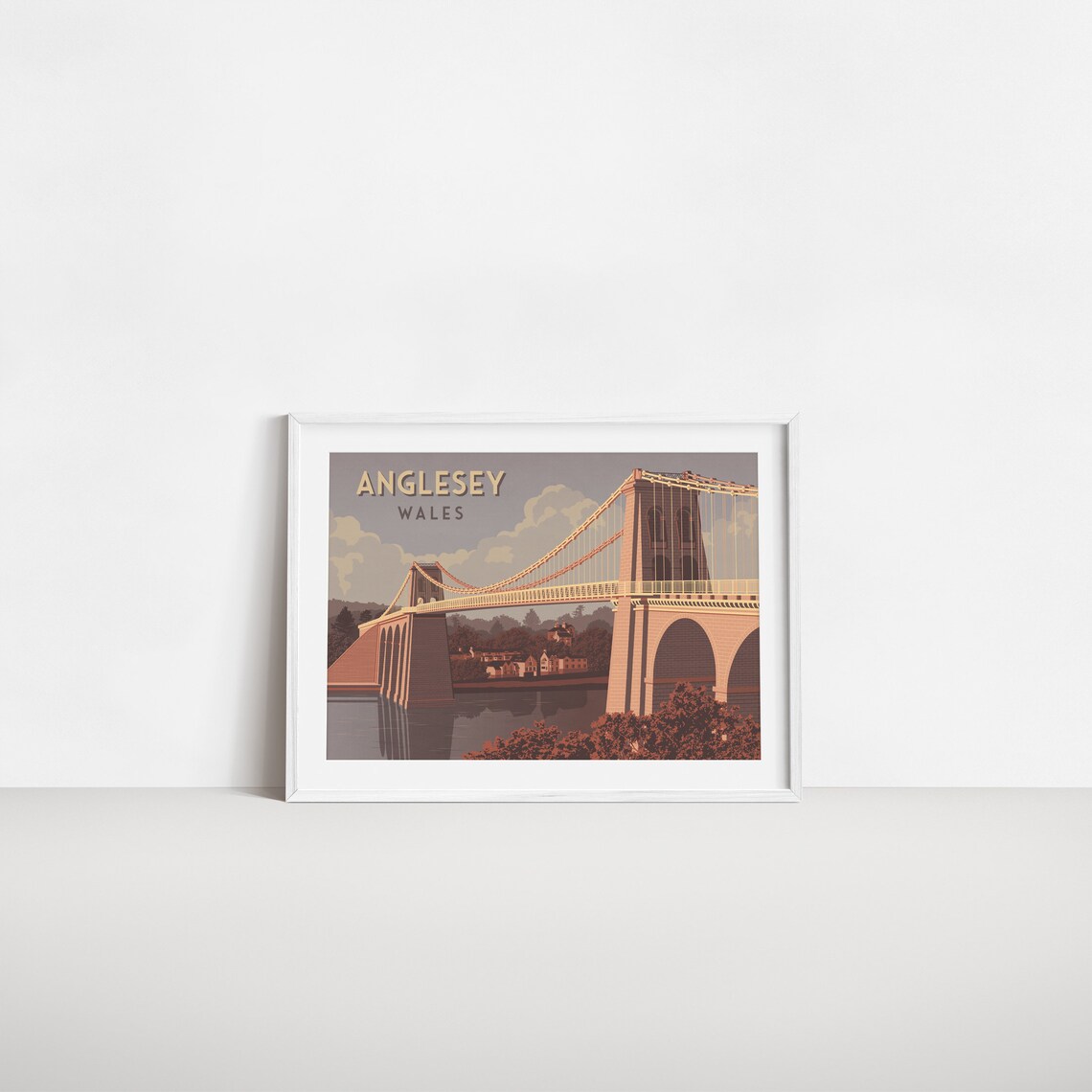 Anglesey Wales Menai Suspension Bridge Riverside Town Scene Art Poster - Image 2