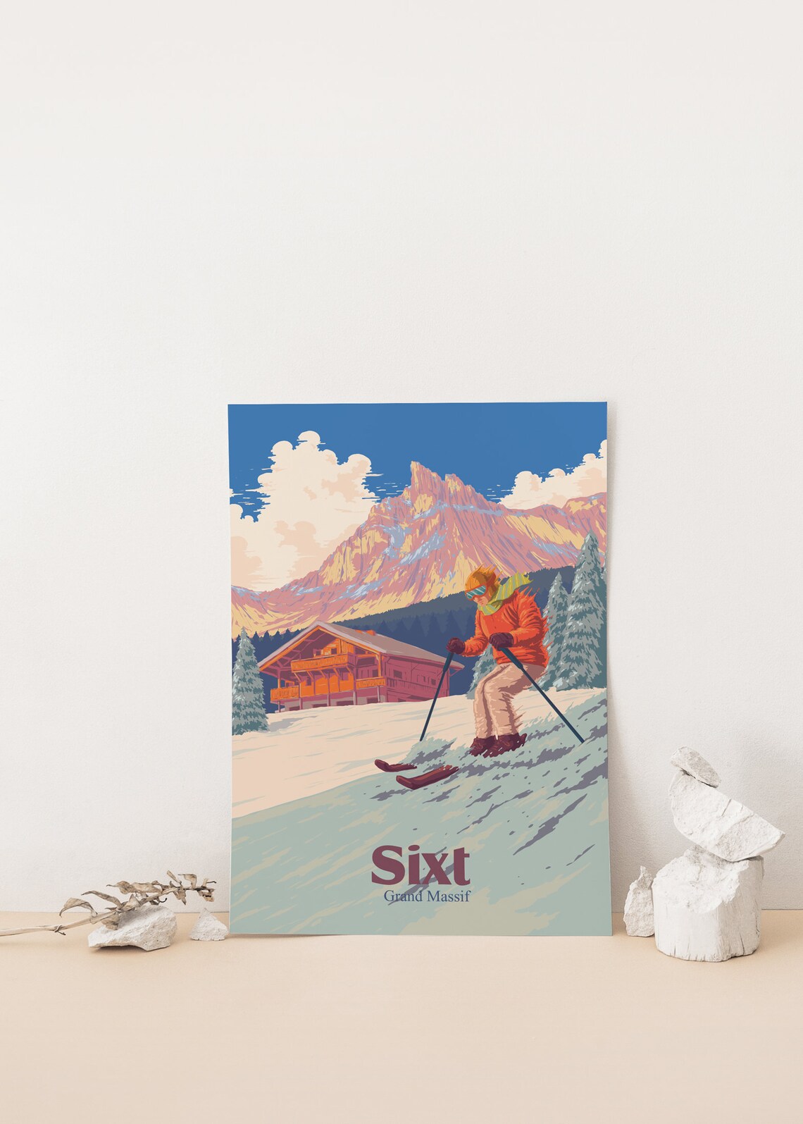 Sixt Grand Massif France Vintage Skier Chalet Snowy Peak Travel Poster - Image 4