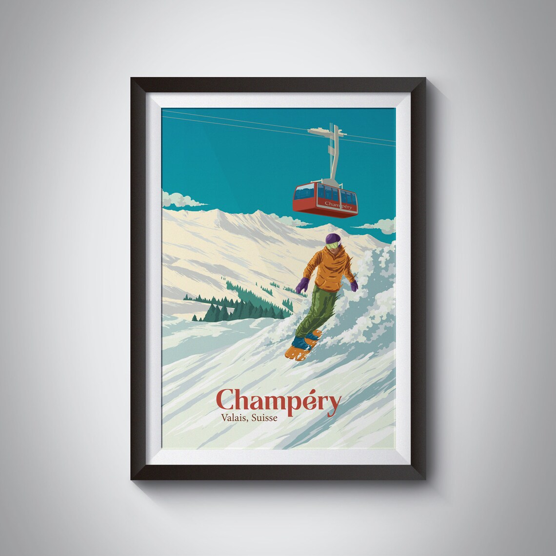 Champery Switzerland Snowboarder Cable Car Vintage Ski Poster
