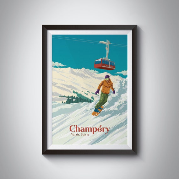 Champery Snowboarding Poster Swiss Alps Switzerland Travel Portes Du Soleil Morgins Morzine Vintage Ski Resort Print Skiing Gift
