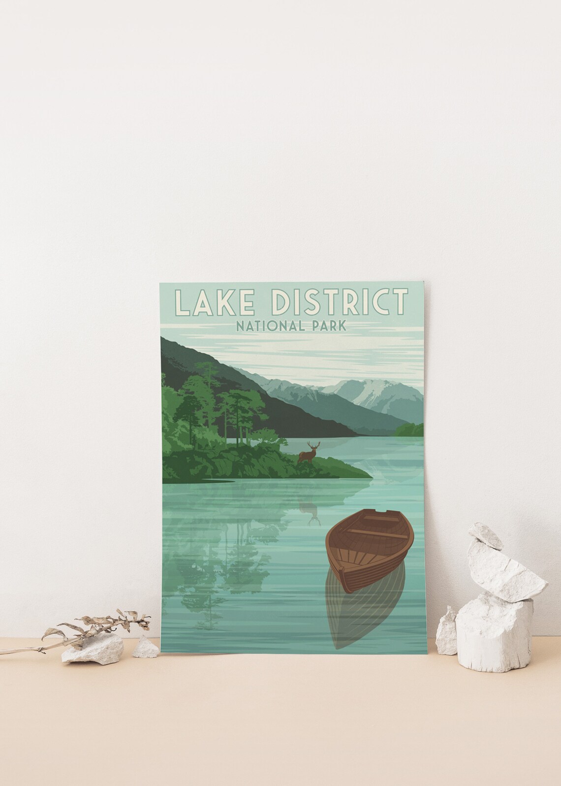 Lake District National Park Rowboat and Deer on Still Water Poster - Image 4
