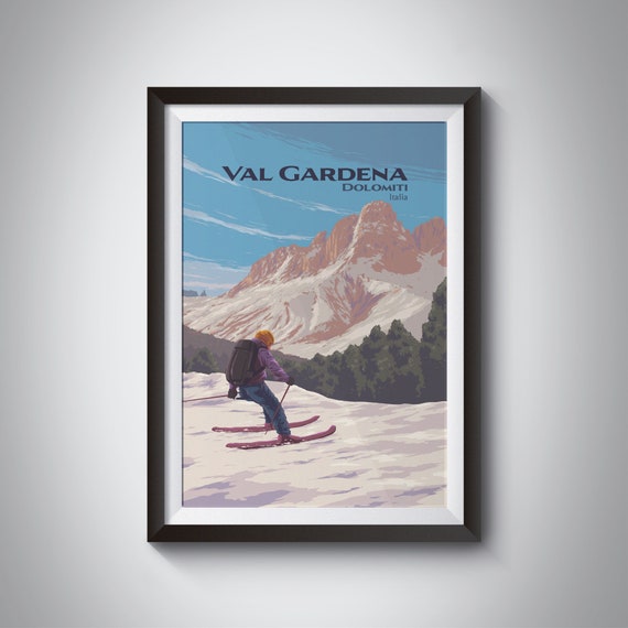 Val Gardena Ski Resort Poster Dolomites Italy South Tyrol Puez Odle Nature Park Snowboarding Vintage Travel Print Retro Skiing Gift