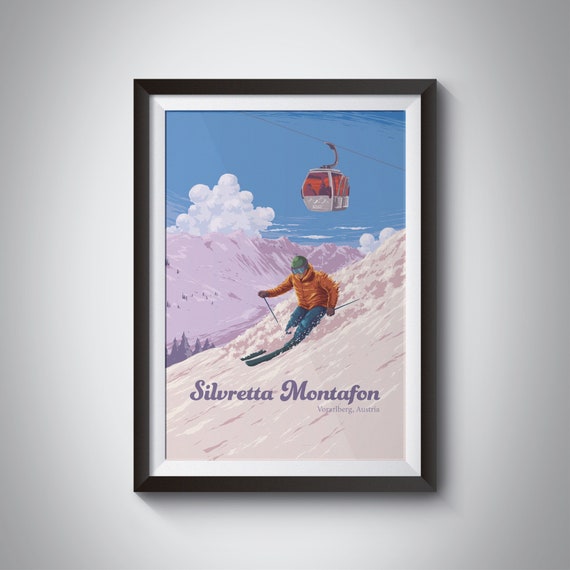 Silvretta Montafon Ski Resort Poster Austria Montafon Valley Vorarlberg Vintage Skiing Print Travel Snowboarding Retro Wall Art Gift