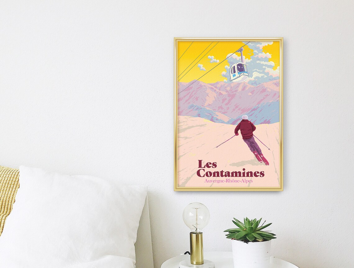 Les Contamines French Alps Golden Sky Vintage Ski Travel Poster - Image 3