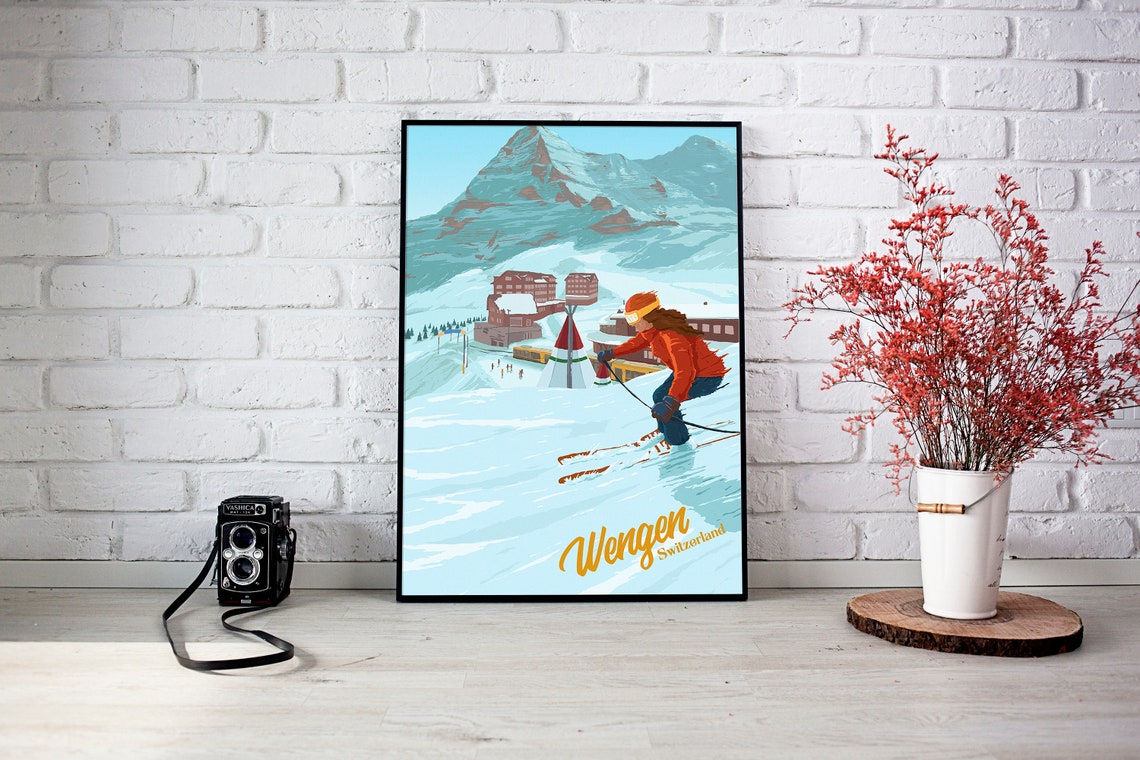 Wengen Switzerland Skier Eiger Alpine Village Retro Ski Travel Poster - Image 3