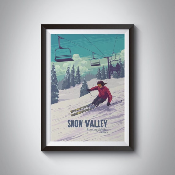 Snow Valley California Ski Resort Travel Poster Snowboarding Running Springs San Bernardino National Forest Vintage Travel Print Skiing