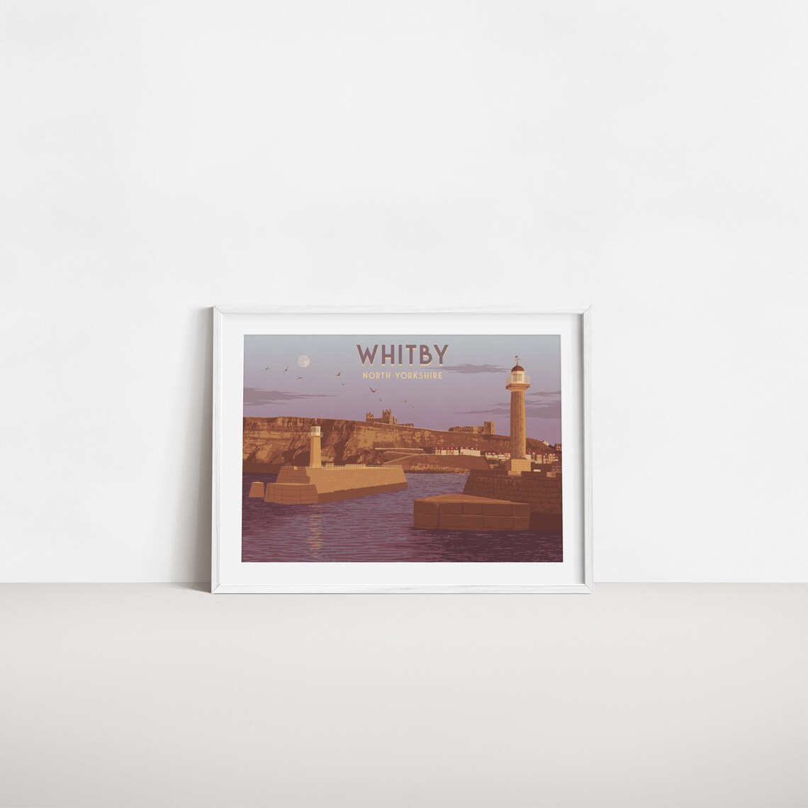 Whitby North Yorkshire Lighthouses Abbey Cliff Dusk Scene Poster - Image 2