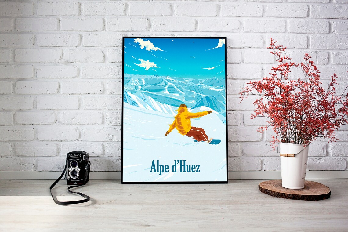 Alpe D'Huez Snowboarding Poster, Retro Ski Travel Poster - Image 3