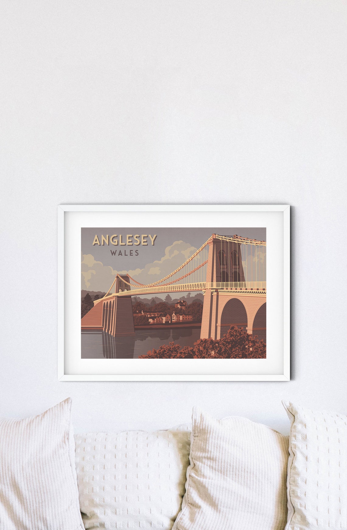 Anglesey Wales Menai Suspension Bridge Riverside Town Scene Art Poster - Image 4