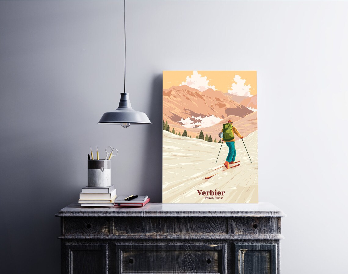 Verbier Ski Resort Vintage Skiing Travel Poster - Image 2