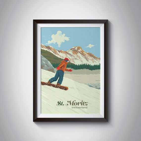 St Moritz Snowboarding Poster Switzerland Skiing Print Cresta Run Retro Artwork Vintage Ski Resort Andermatt Saas Fee Wengen Davos