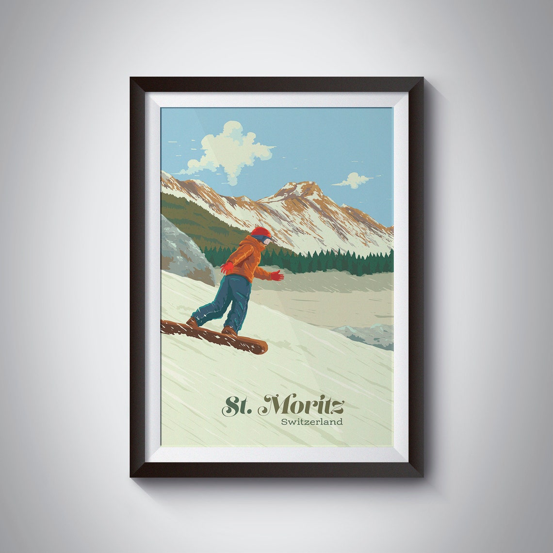St Moritz Switzerland Snowboarder Riding an Alpine Slope Travel Poster