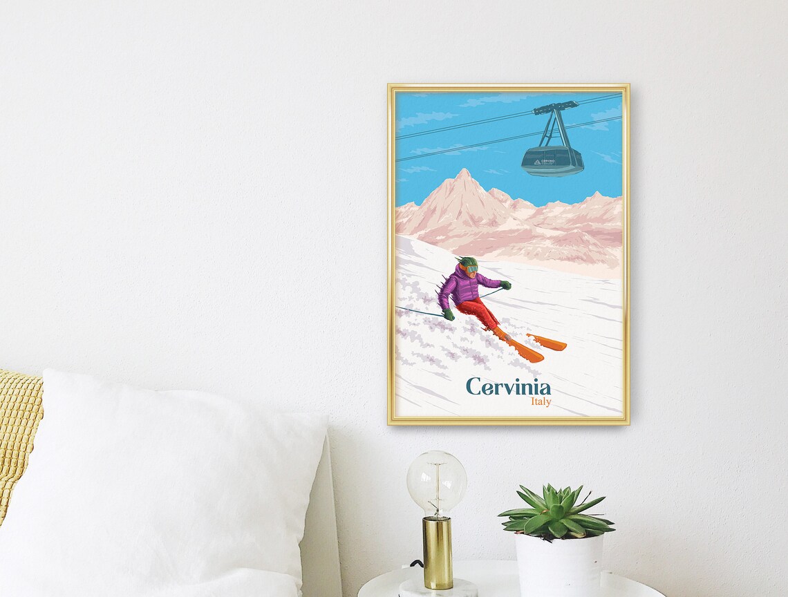 Cervinia Italy Powder Ski Slope Beneath Cable Car Travel Poster - Image 3