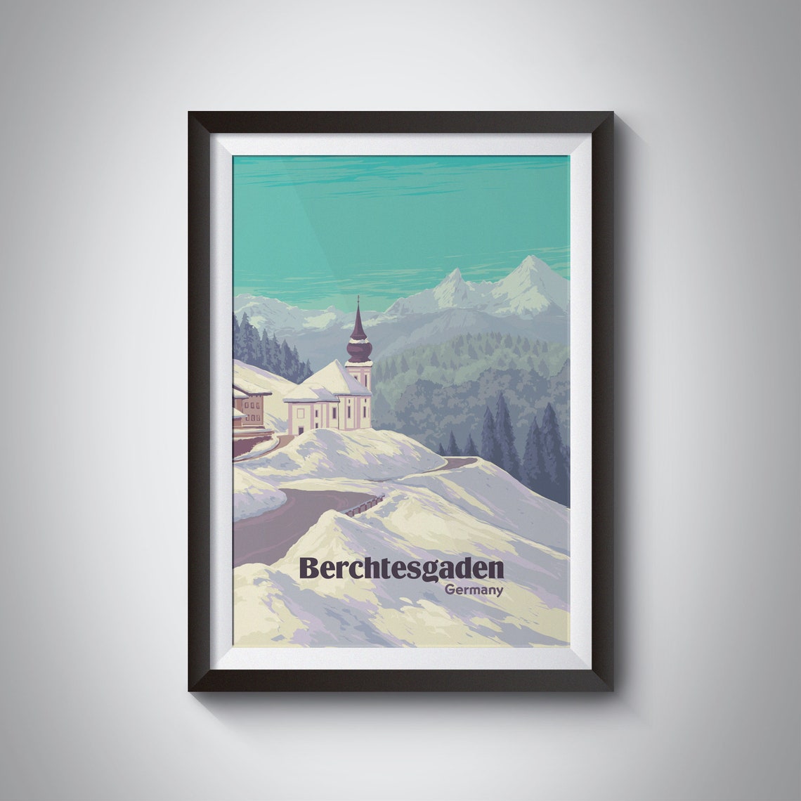 Berchtesgaden Travel Poster National Park Poster Germany St Sebastian Church Bavarian Alps Vintage Travel Print Ski Resort Poster Art