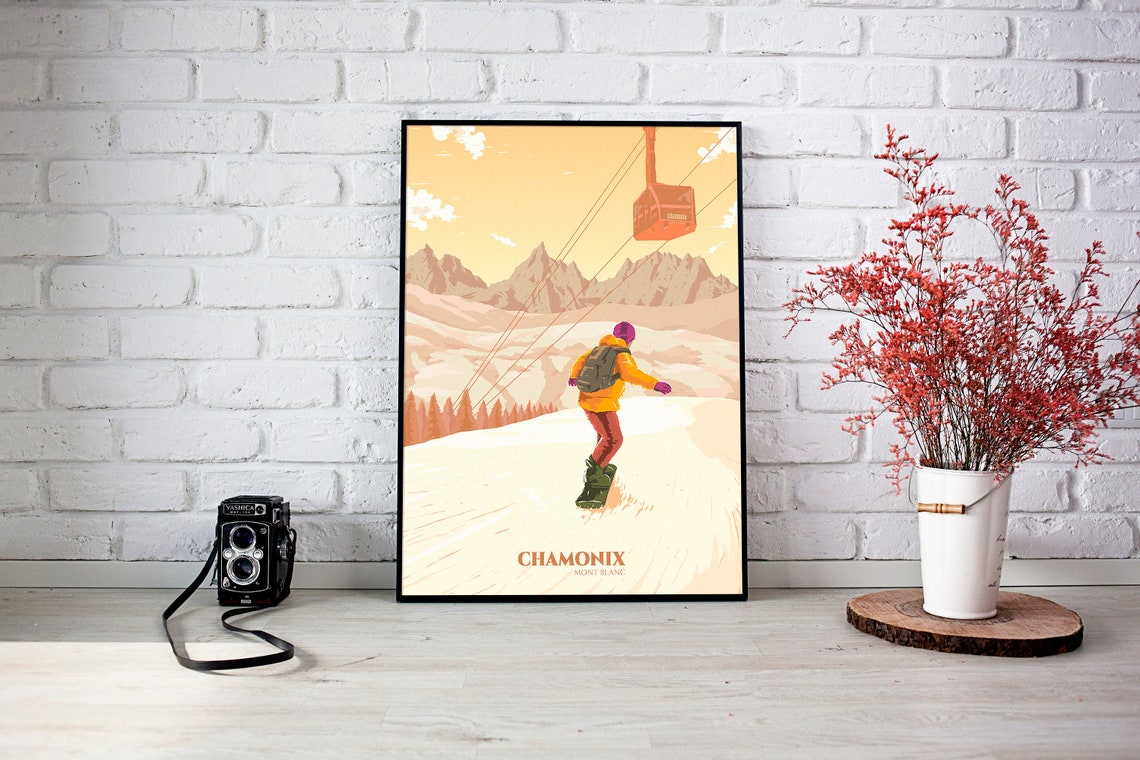 Chamonix Mont Blanc Snowboarder Red Cable Car Sunset Ski Resort Poster - Image 3