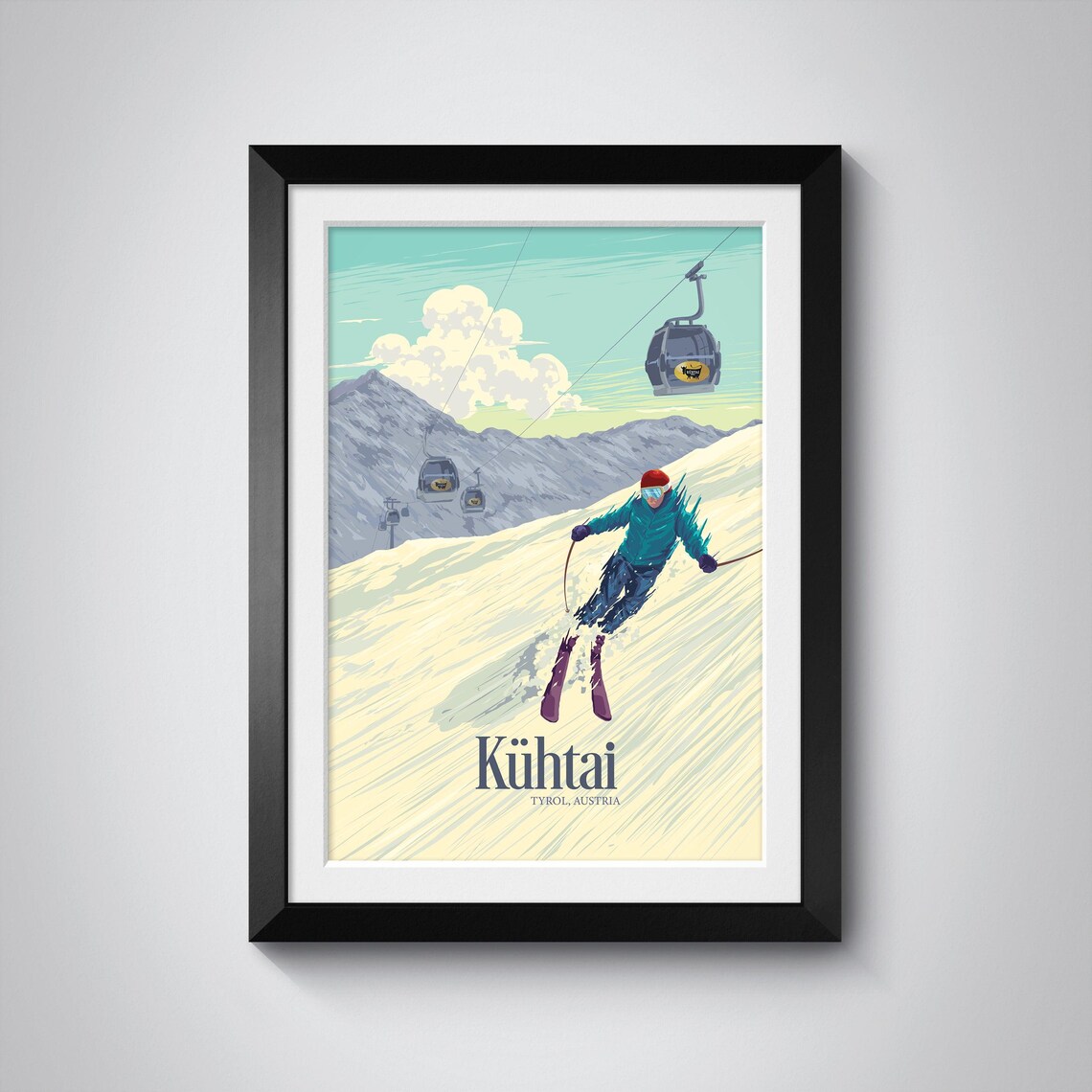 Kühtai Tyrol Austria Skier Gondola Vintage Ski Resort Travel Poster