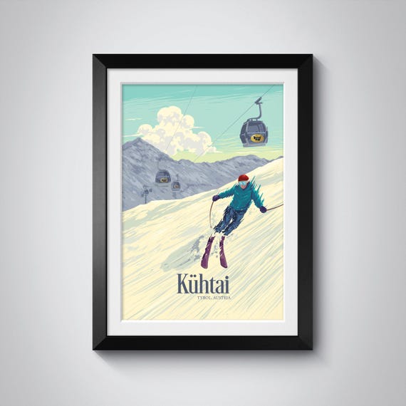 Khtai Ski Resort Poster Tyrol Austria Travel Print Austrian Alps Winter Sports Wall Art Scenic Mountain Print Skiing Snowboarding Decor