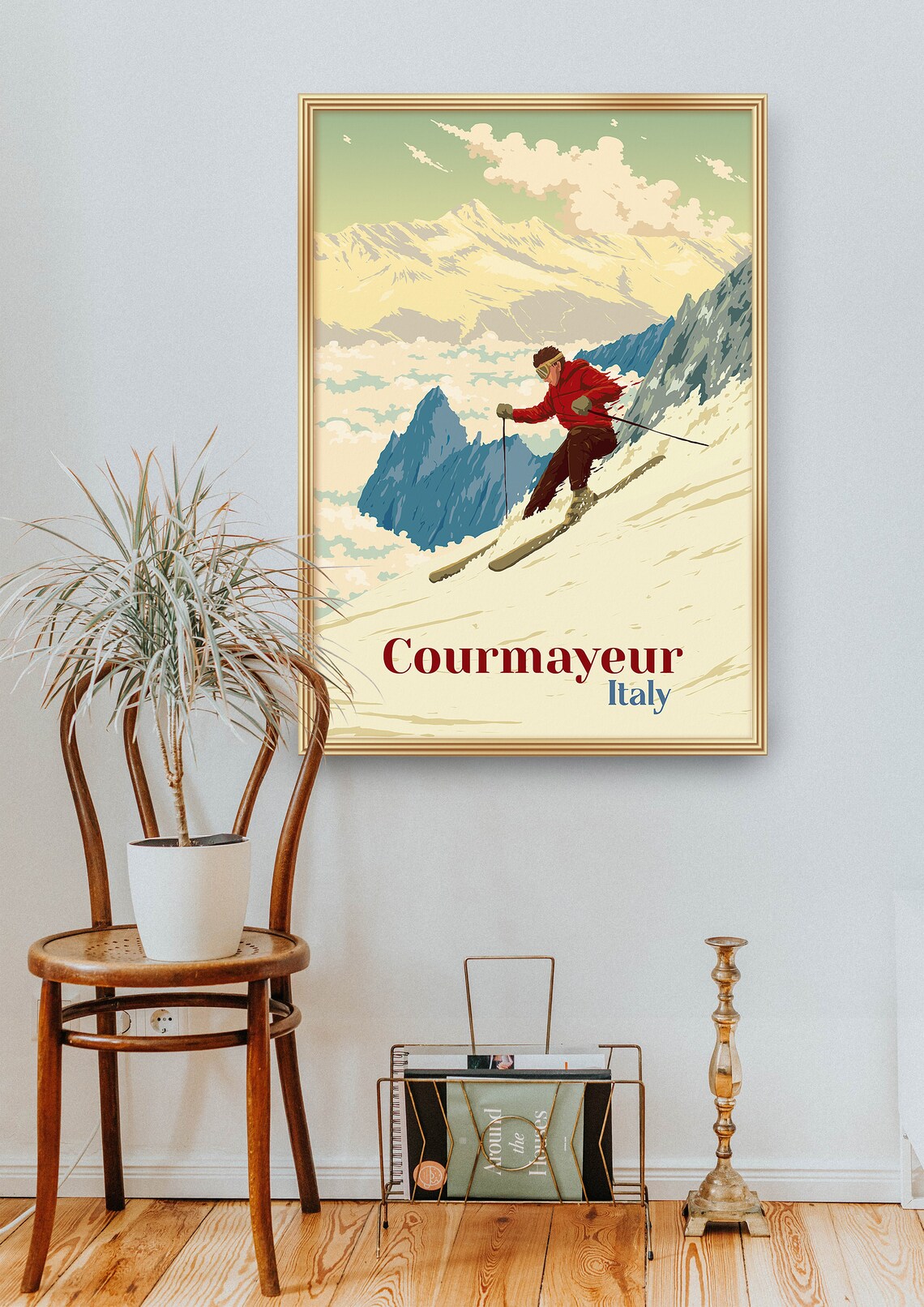 Courmayeur Italy Mont Blanc Vintage Skier Descent Travel Poster - Image 2