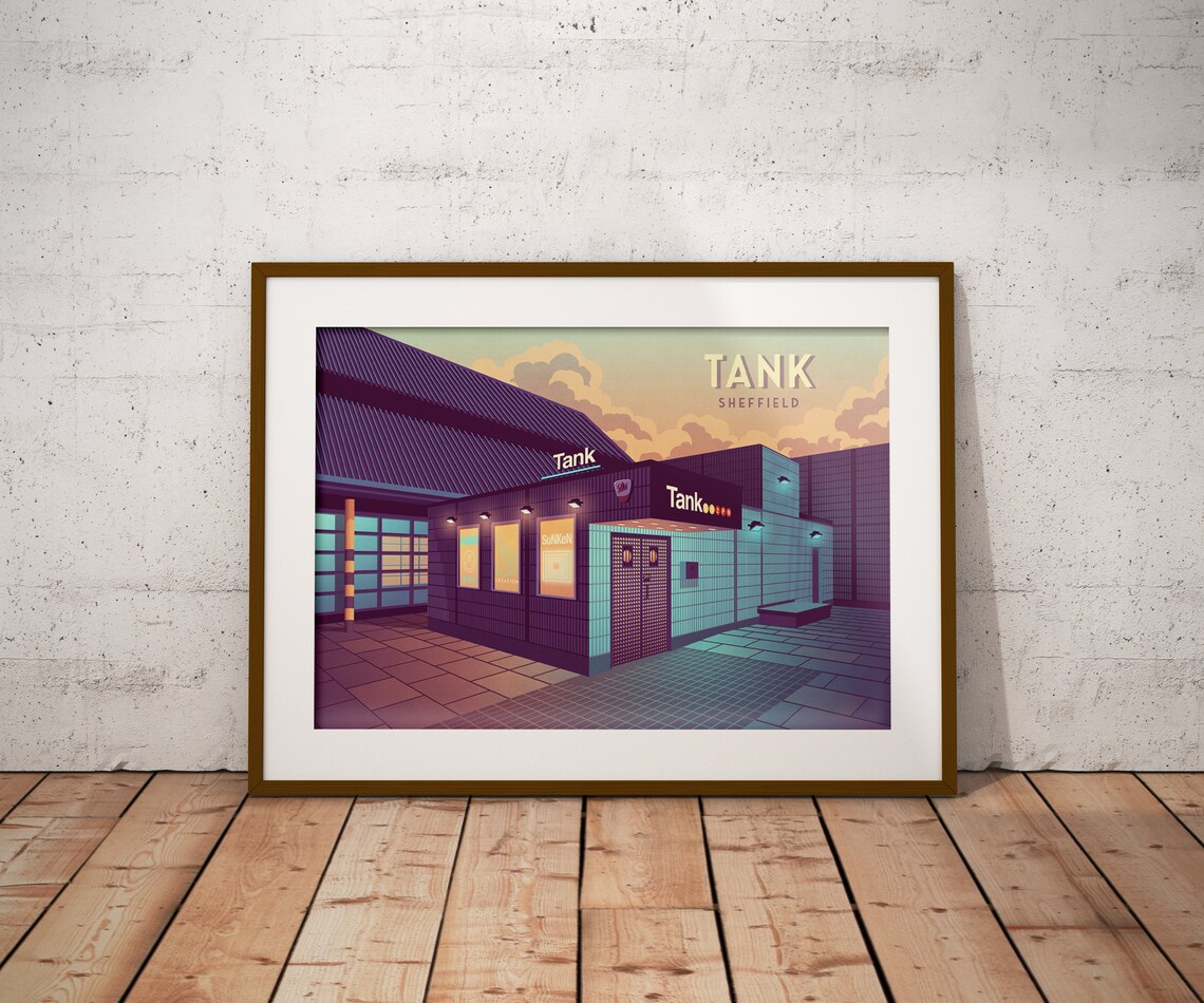 Tank Sheffield Nightclub Neon Entrance Dusk Illustration Poster - Image 4