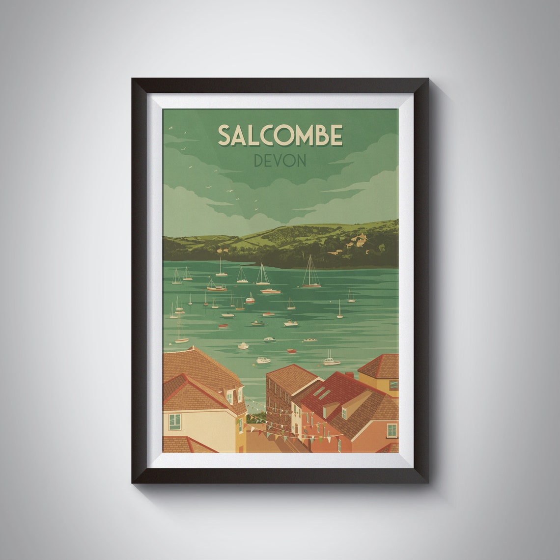Salcombe Devon Harbor Sailboats Green Vintage Retro Travel Poster