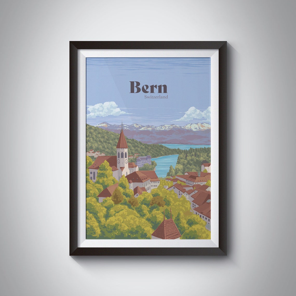 Bern Switzerland Travel Poster Aare River Vintage Travel Print Fountains Unesco Bern Old Town Cathedral The Gurten Swiss Alps