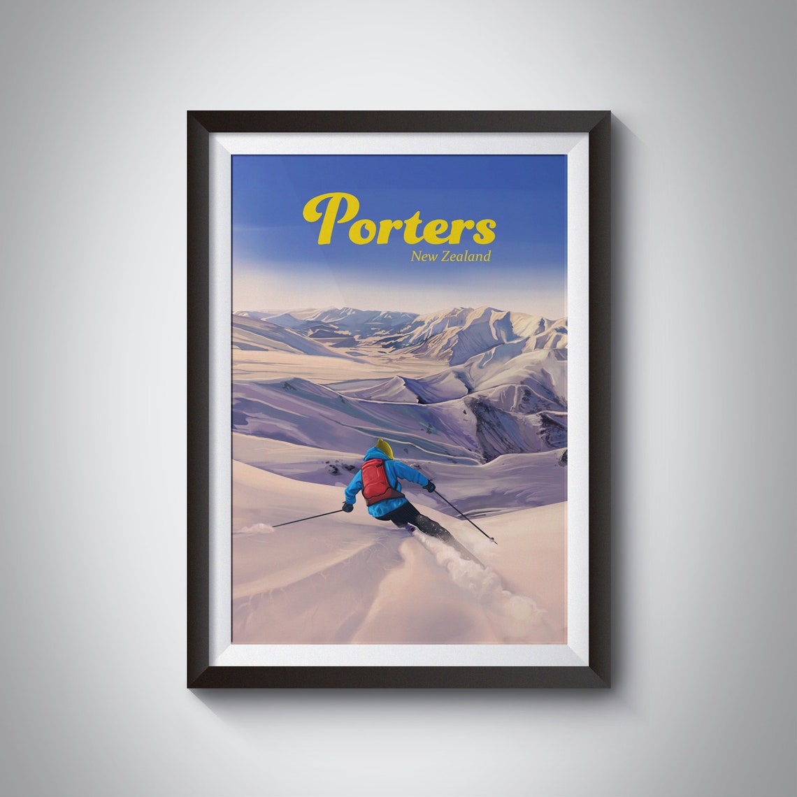 Porters Ski Resort Poster New Zealand Travel Poster Nz Southern Alps Skiing Print Snowboarding Art South Island Vintage Ski Print Gift