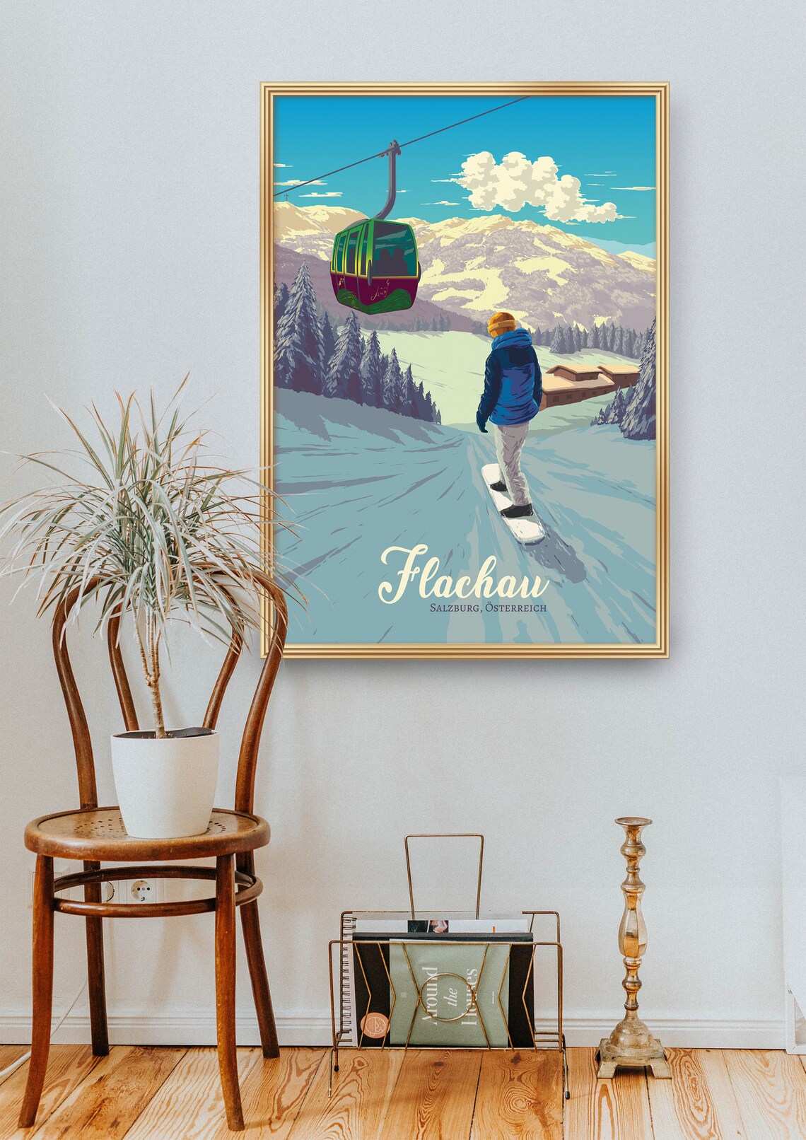 Flachau Austria Snowboarder Gondola Vintage Ski Resort Poster - Image 2