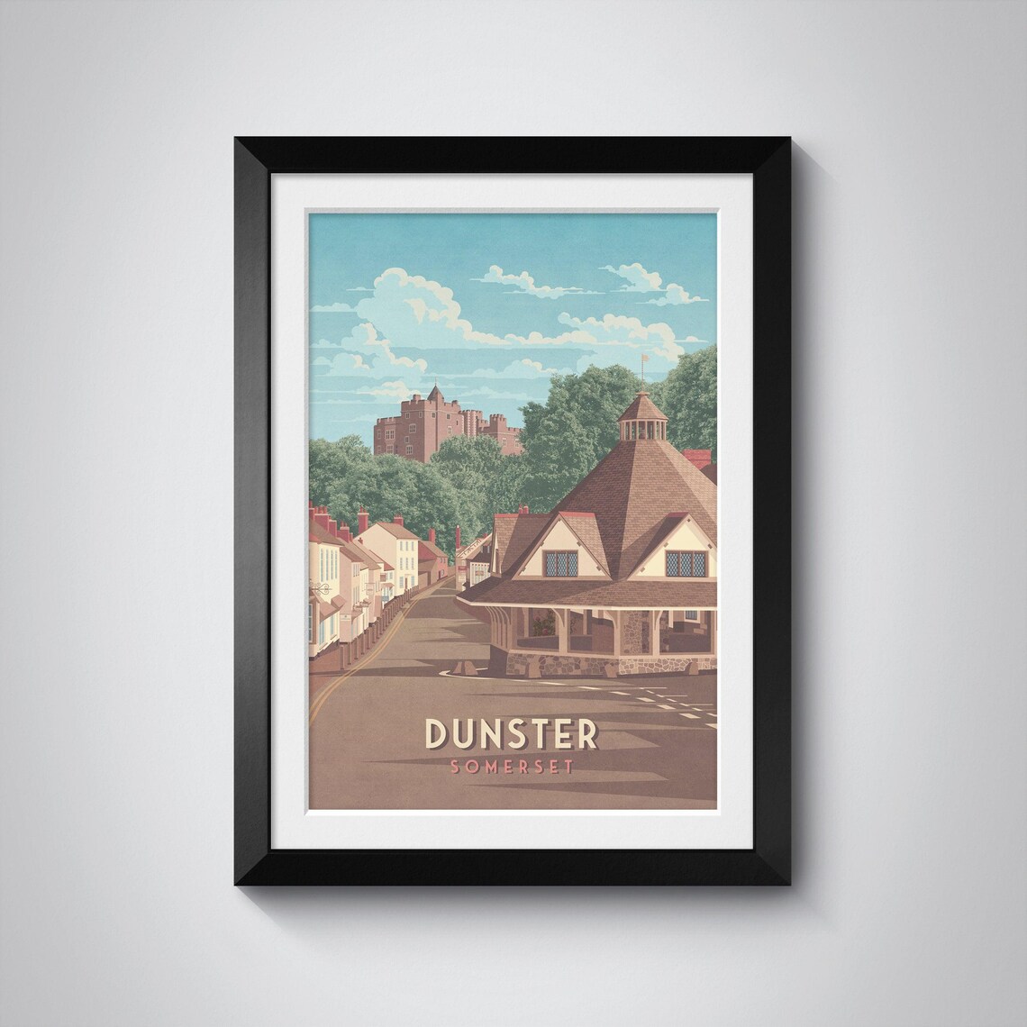 Dunster Somerset Yarn Market Castle Cobbled Street Vintage Travel Poster