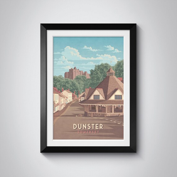 Dunster Somerset Yarn Market Castle Cobbled Street Vintage Travel Poster