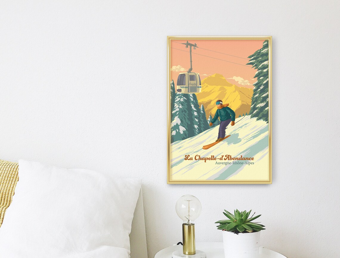 La Chapelle d'Abondance French Alps Skier Gondola Ski Poster - Image 3