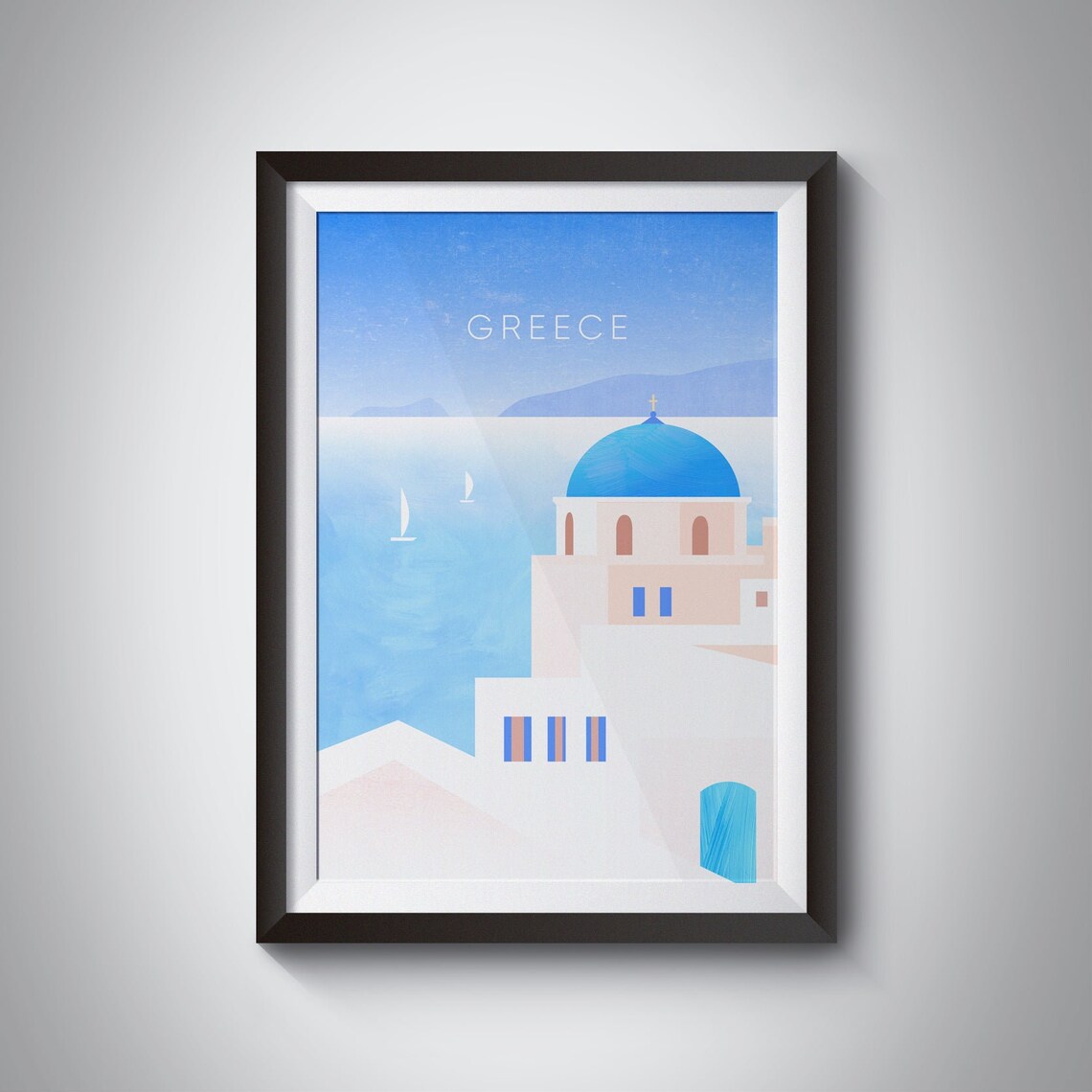 Greece Santorini Blue Dome Minimalist Poster, Aegean Church Sea View
