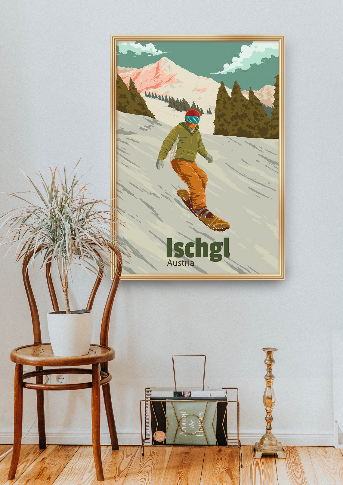 Ischgl Austria Vintage Snowboarder Alpine Slope Travel Poster - Image 2