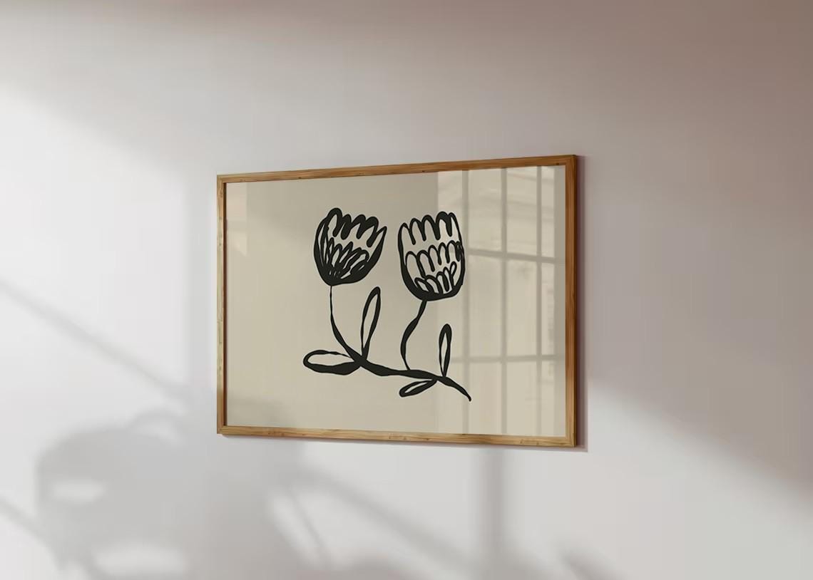Minimalist Black Floral Line Art Modern Botanical Ink Drawing Poster