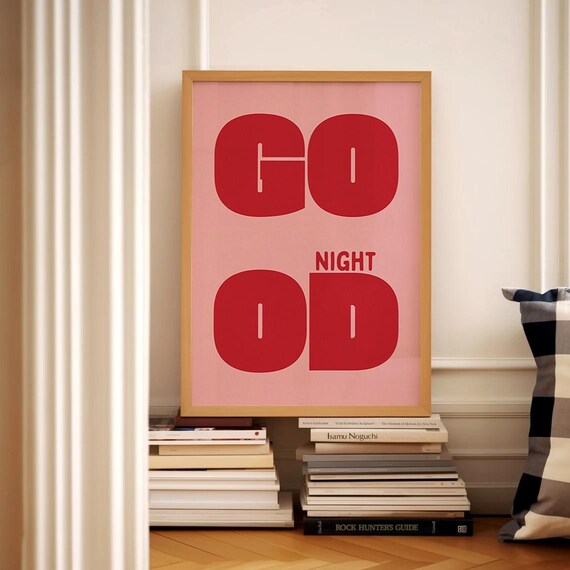 Good Night Art Print Bold Typography Wall Red Pink Modern Poster Bedroom Quote Retro Home Decor