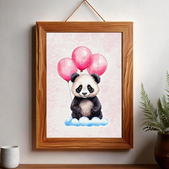 Cute Baby Panda with Pink Balloons Floating Cloud Nursery Art Poster