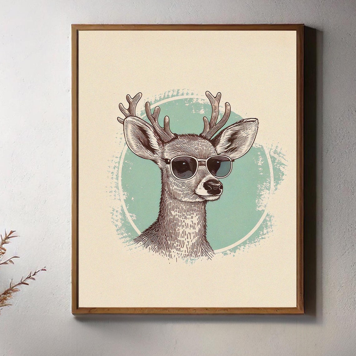 Hipster Deer in Sunglasses Retro Sketch Mint Circle Art Poster