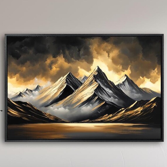 Dramatic Mountain Landscape Framed Wall Art Gold And Black Mountains Painting Print Bedroom Wall Decor Abstract Poster Ready To Hang