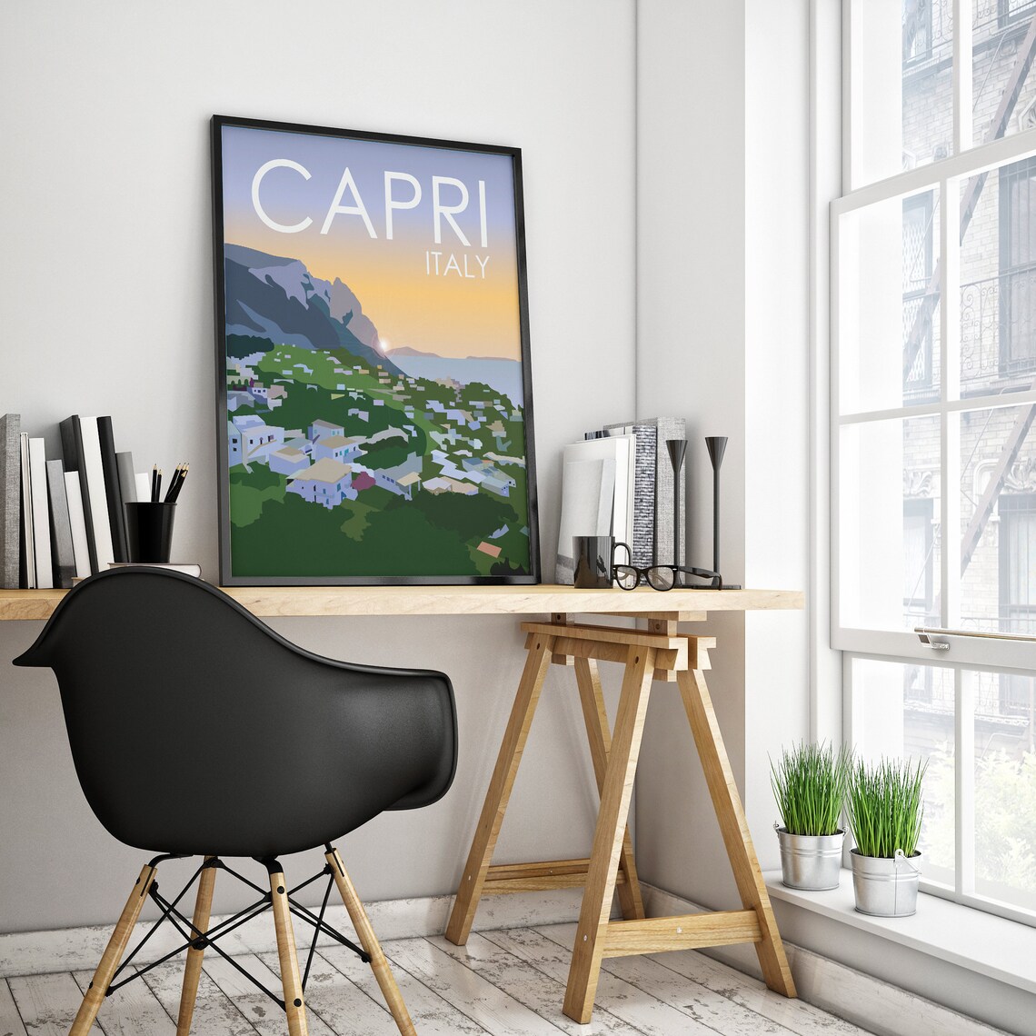Capri Italy Sunset Coastal Village Mediterranean Travel Scene Poster