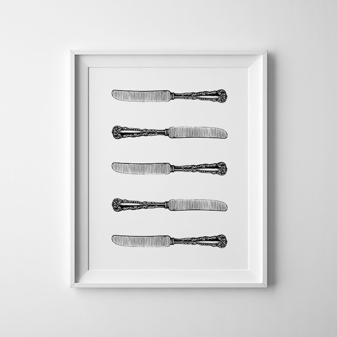 Vintage Knives Illustration Monochrome Cutlery Kitchen Decor Poster