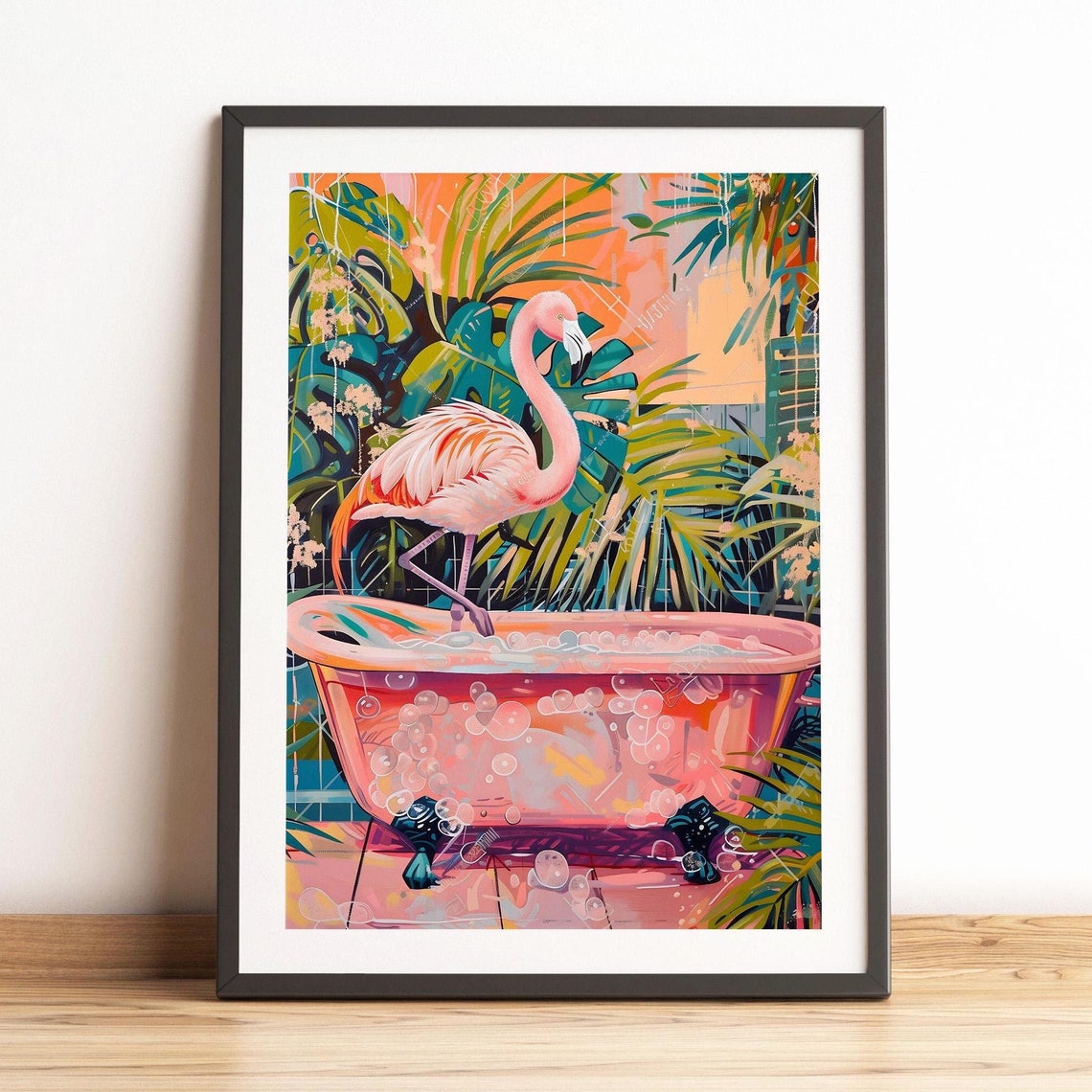 Pink Flamingo Standing In A Bubble Bath With Tropical Foliage Poster