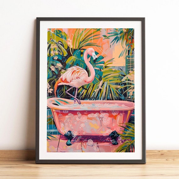 Flamingo In Bathtub Print Bathroom Wall Art Pink Flamingo Wall Art Funny Bathroom Decor Funny Bathroom Art Print Pink Flamingo Poster