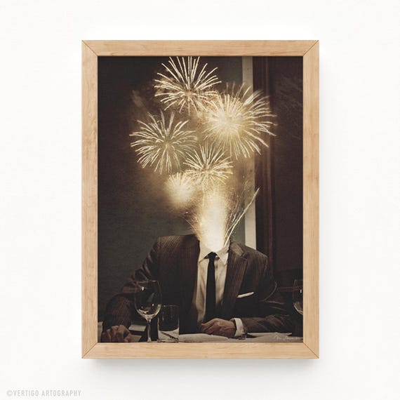 Retro Surreal Art Print Gentleman With Fireworks Head Midcentury Modern