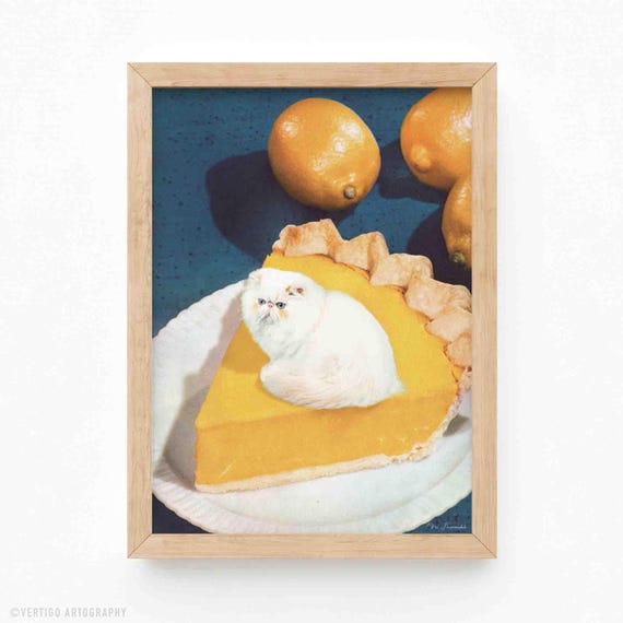 Lemon Meow Pie Art Print Surreal Retro Cat Kitchen Decor