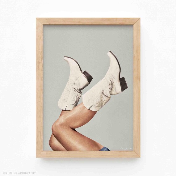 These Boots White Cowgirl Boots Retro Western Collage Art Poster