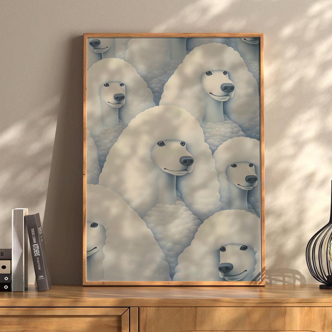 Whimsical White Poodles Pattern Smiling Dogs Illustration Poster