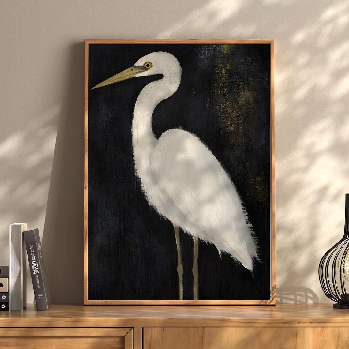 White Egret on Black Elegant Bird Portrait Oil Painting Style Poster - Image 3