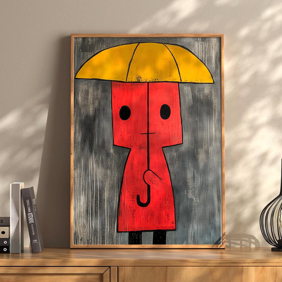 Yellow Umbrella Red Figure Rainy Day Naive Folk Art Kids Poster