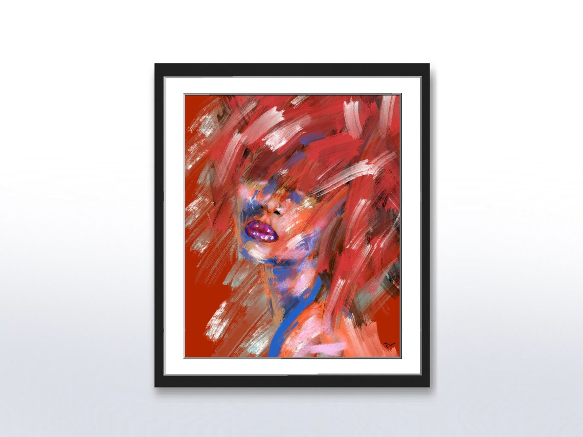 Mysterious Woman's Face On Red, Abstract Art Print
