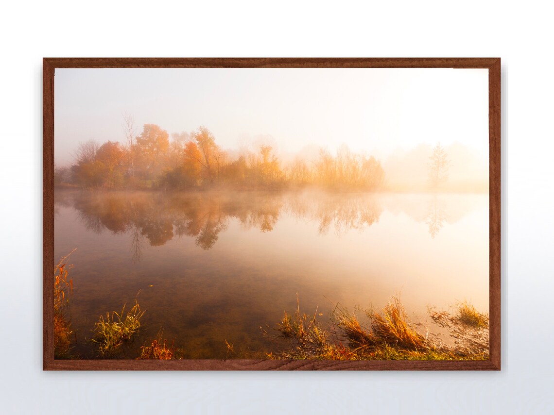 Foggy Autumn Pond with Golden Trees Reflected in Still Water Poster