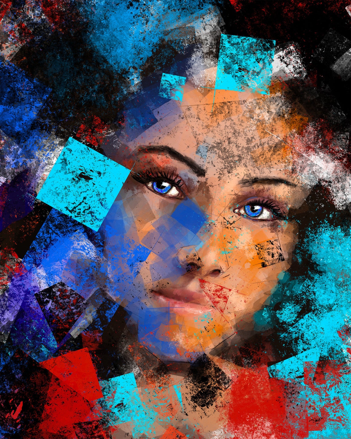 Abstract Womans Face Blue Red Geometric Grunge Fragments Poster - Image 3